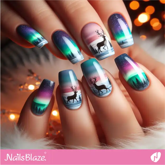 Reindeers Beneath the Vibrant Hues of the Aurora Borealis | Polar Wonders Nails - NB3116